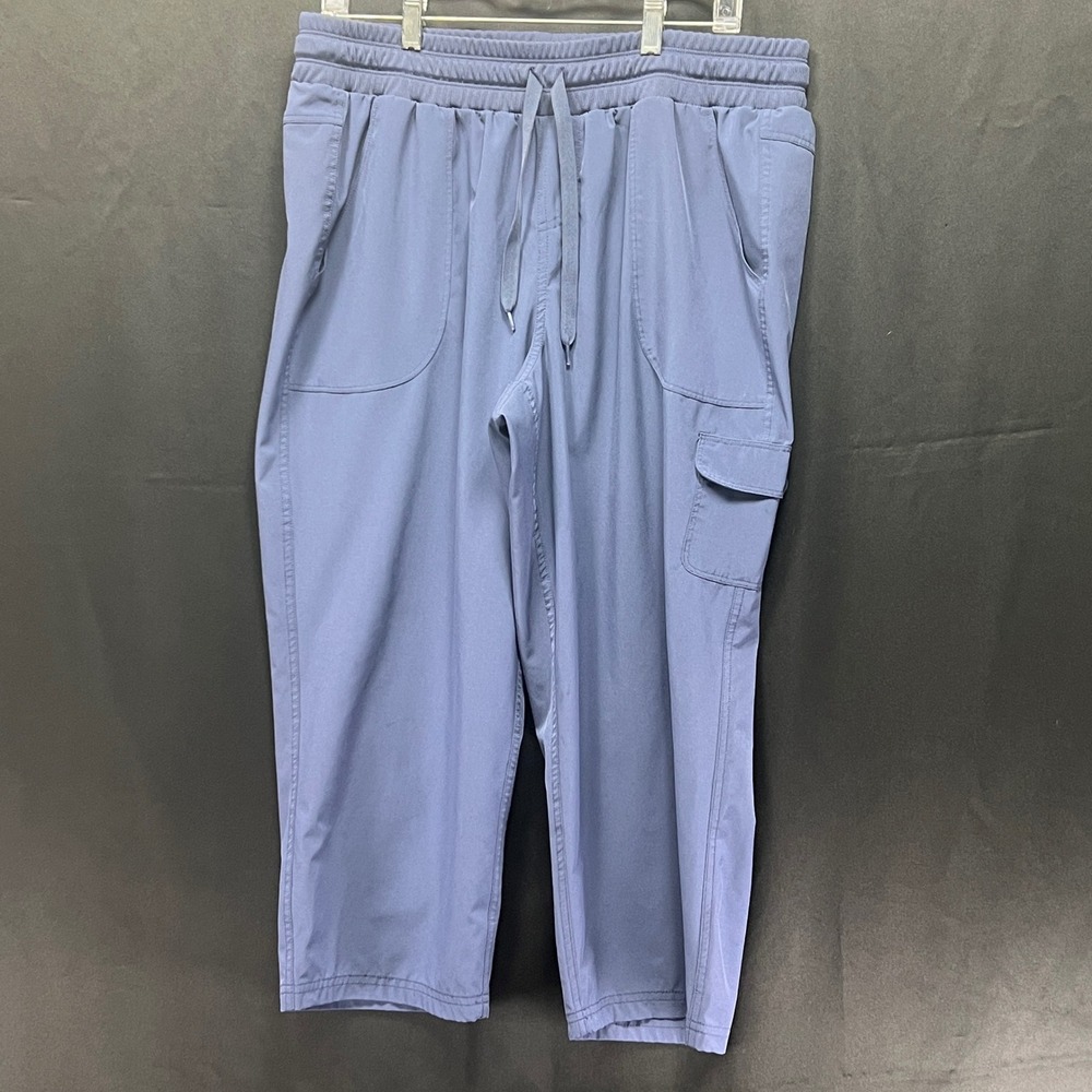 Blue Gray Cargo Crop Pants Elastic Drawstring Waist Straight Leg Casual Active